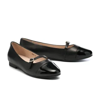 【BYHUE】別致優雅晶鑽愛心釦繫帶全真皮瑪莉珍軟芯Q底平底鞋(黑)