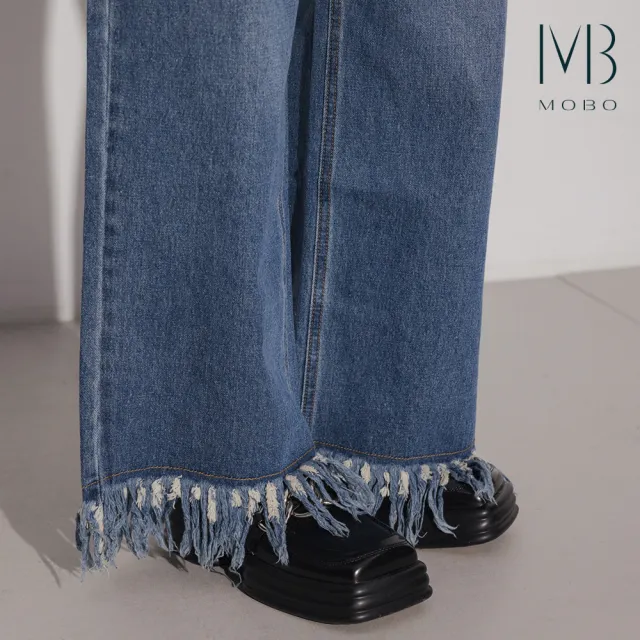 【MO-BO】特殊抽鬚造型牛仔寬褲
