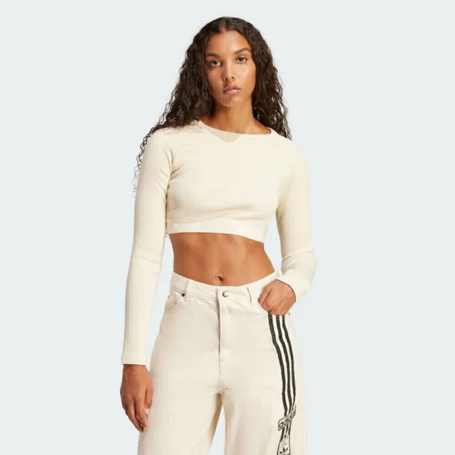【adidas 愛迪達】RIB LS TOP 女 長袖上衣 休閒長袖 短版 羅紋 米(JD0013)