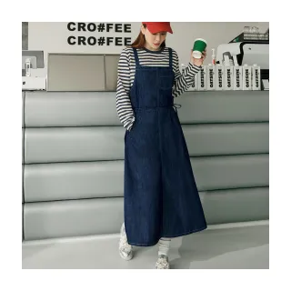 【OB 嚴選】純棉收腰綁帶牛仔吊帶長裙 《DA10308》