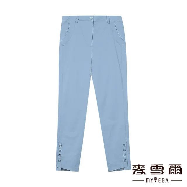 【MYVEGA 麥雪爾】高含棉彈性鬆緊腰褲管斜剪裁九分褲-淺藍(錐形褲/)