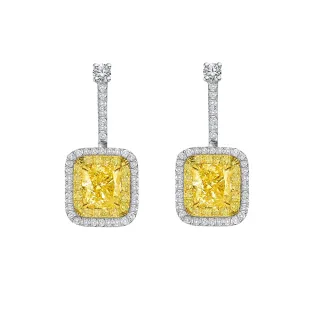 【King Star】GIA 2克拉18K天然鑽石 VS 耳環 黃彩鑽 滿鑽款(枕型花式車工)