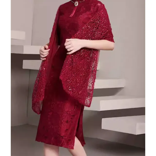 【女神婚紗禮服】優雅國風縷空雕花短袖旗袍媽媽宴會及膝短裙禮服GLL515B#☆色(喜慶旗袍媽媽宴會裝 拉鍊款)