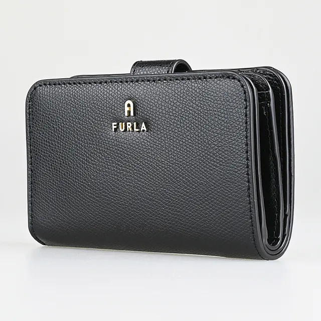【FURLA 芙拉】FURLA Camelia雷雕金字LOGO牛皮10卡按釦式拉鍊零錢中夾(黑)
