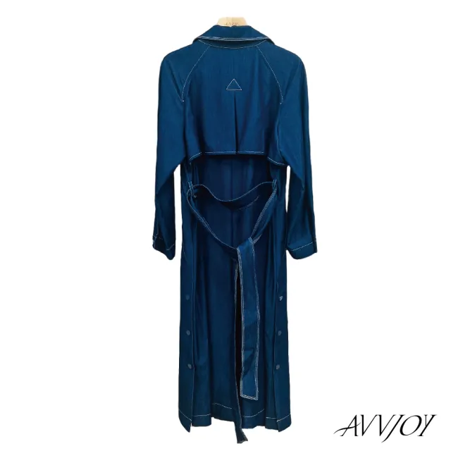 【AVVJOY 艾薇卓爾】絲光藍長版風衣(上衣 外套 大衣 牛仔 風衣 韓版風 牛仔外套 長款風衣 CLA0304DS)