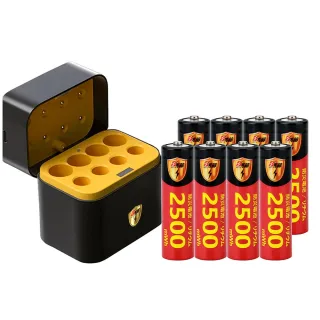【KOTSURU】8馬赫 3號/AA 恆壓可充式1.5V鋰電池全新特大能量2500mWh8入+3號/4號各4槽 AI隨身收納盒充電器