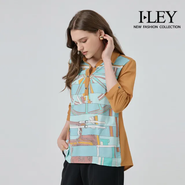 【ILEY 伊蕾】絲巾風印花縲縈翻領上衣(卡其;M-2L;1251011504)