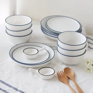 【Just Home】簡約純白藍邊陶瓷碗盤餐具組15件-可微波(碗+盤+點心盤+味碟)