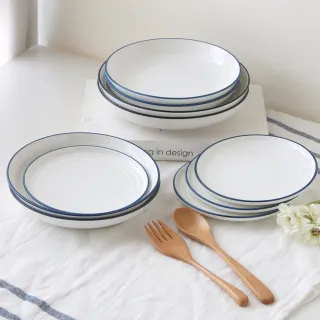 【Just Home】簡約純白藍邊陶瓷餐盤10件組-可微波(湯盤+點心盤)