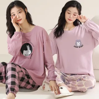 【Kosmiya】1套 帶胸墊 棉質甜甜粉嫩長袖睡衣褲/女睡衣/長袖睡衣/兩件式睡衣/居家服(5色可選/均碼/加大碼)