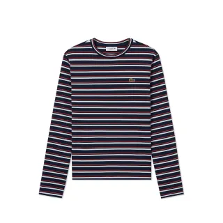 【LACOSTE】女裝-條紋棉質長袖T恤(海軍藍/紅/淺藍色配色)