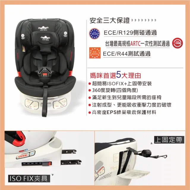 【tonybear】0-12歲 汽車安全座椅 / ISO FIX 360度座椅 / 透氣。銀離子布料(momo獨家-時尚灰)