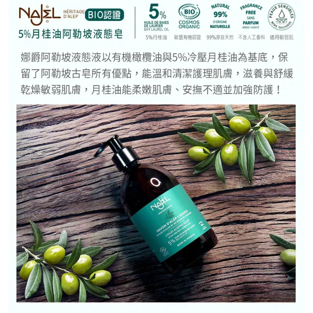【NAJEL】BIO認證5%月桂油阿勒坡液態皂500mlx2入組(總代理公司貨)