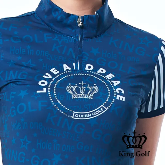 【KING GOLF】速達-網路獨賣款-女款英文底圖拼接異色條紋袖設計立領拉鍊POLO衫/高爾夫球衫(丈青)