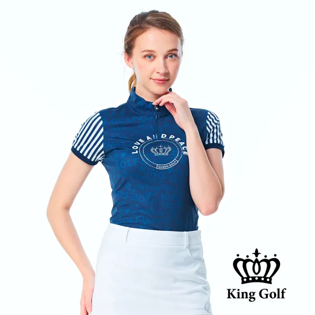 【KING GOLF】速達-網路獨賣款-女款英文底圖拼接異色條紋袖設計立領拉鍊POLO衫/高爾夫球衫(丈青)