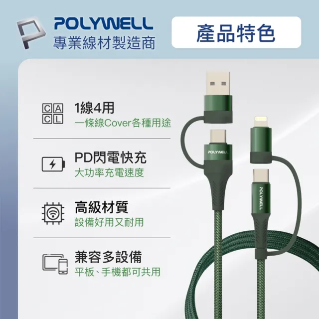 【POLYWELL】2M 四合一PD編織快充線 USB-A+USB-C+Lightning(手機充電線 PD快充線 數據線 多合一線材)