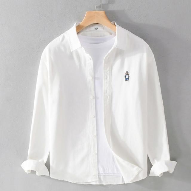 【米蘭精品】現貨+預購 襯衫長袖上衣(休閒純棉刺繡小熊男裝5色74jt11)