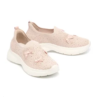 【MELROSE】美樂斯 奢華閃鑽蝴蝶結飛織布厚底休閒鞋(粉)