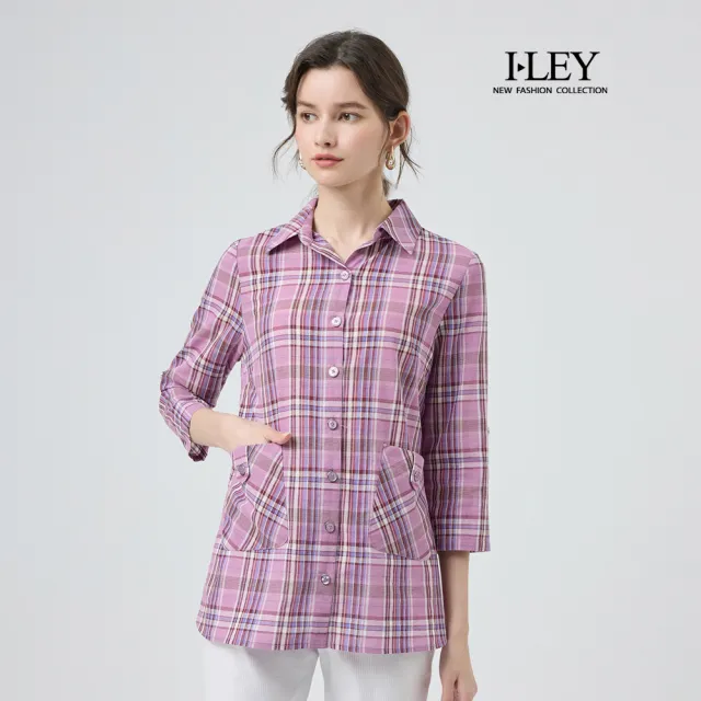 【ILEY 伊蕾】格紋大口袋長版襯衫(紫；M-2L；1251351502)