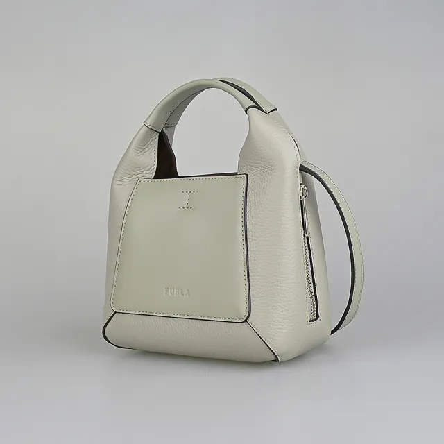 【FURLA 芙拉】FURLA Gilda經典LOGO扣環式側面拉鍊小牛皮手提斜背托特包(迷你/大理石淺灰)