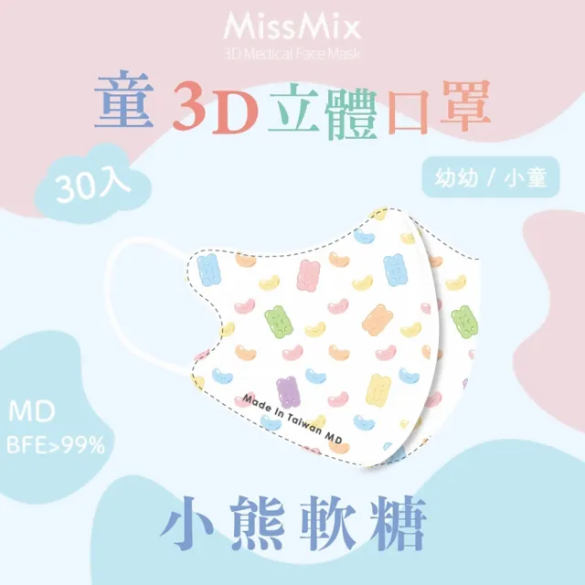 【MissMix】萌娃立體醫用口罩 30片/盒(幼幼/小童1-8歲-多款圖案可選)
