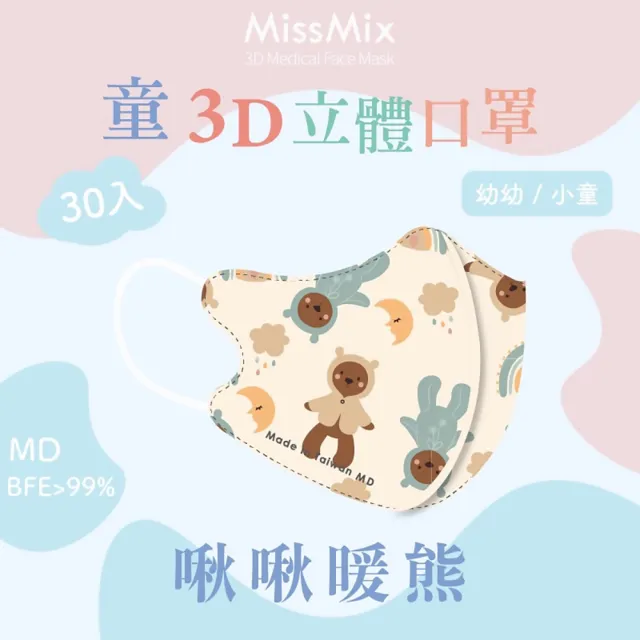 【MissMix】萌娃立體醫用口罩 30片/盒(幼幼/小童1-8歲-多款圖案可選)