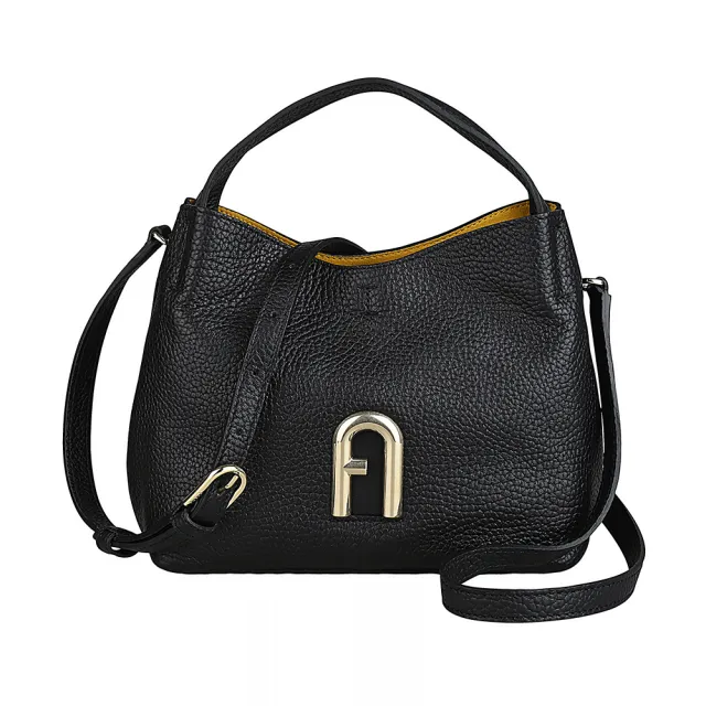 【FURLA 芙拉】FURLA Primula復古拱門LOGO荔枝紋小牛皮扣式手提斜背流浪包(迷你/黑)