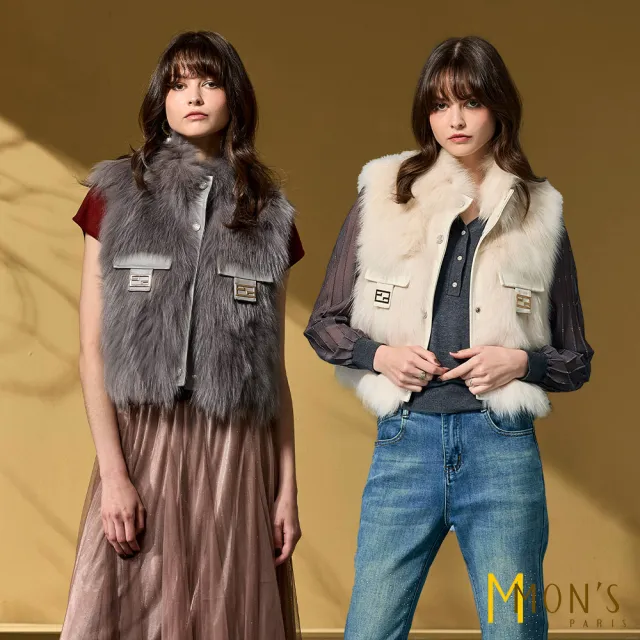 【MON’S】國際頂級小羊皮釦飾狐狸毛背心(2色任選)
