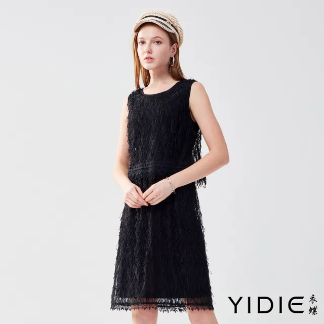 【YIDIE 衣蝶】假兩件飄逸流蘇背心短洋裝-黑