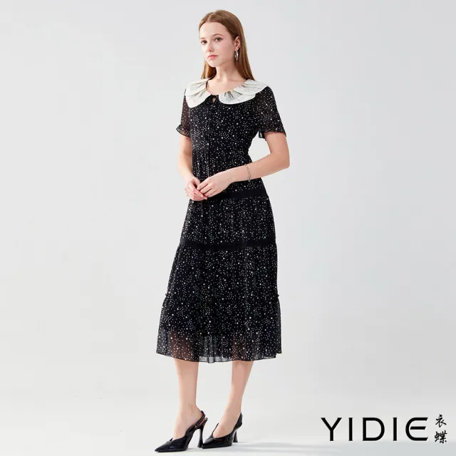 【YIDIE 衣蝶】拼接蕾絲點點蛋糕裙長洋裝-黑