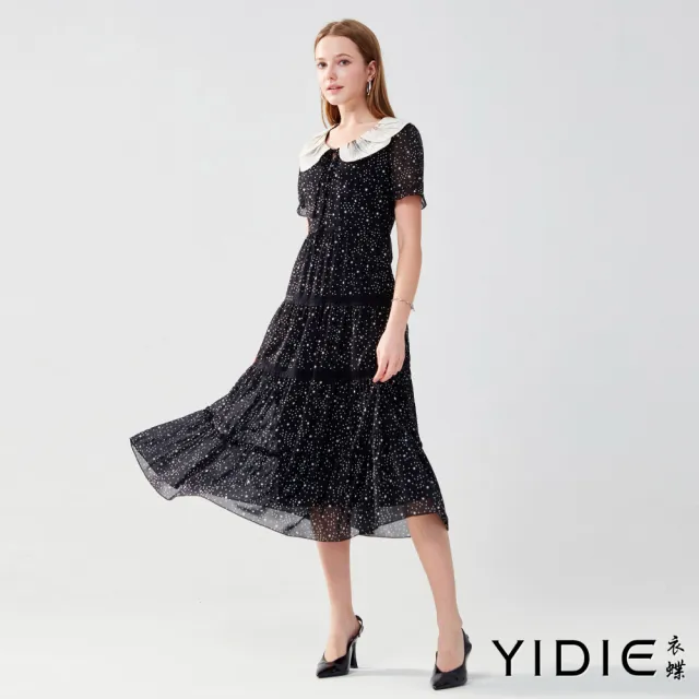 【YIDIE 衣蝶】拼接蕾絲點點蛋糕裙長洋裝-黑
