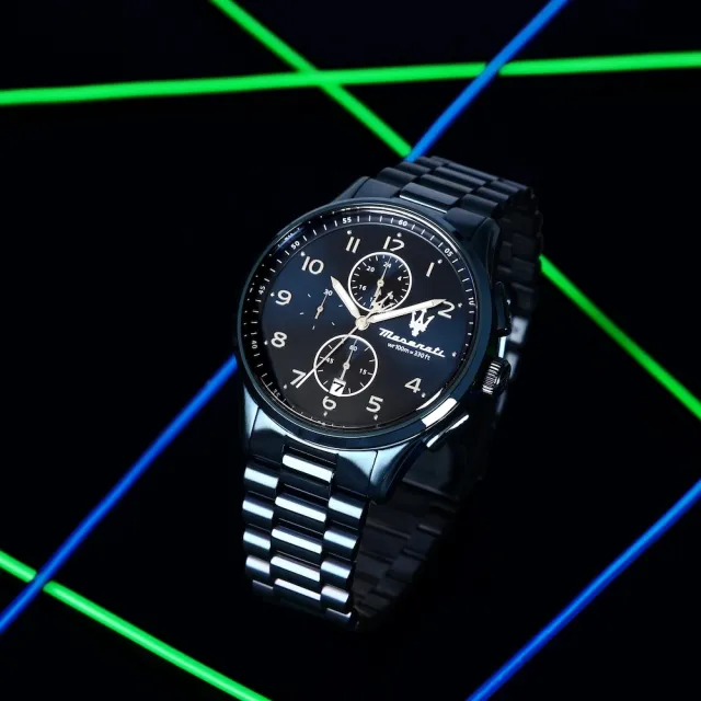 【MASERATI 瑪莎拉蒂】Sorpasso 迅捷疾馳系列三眼手錶 藍色不鏽鋼錶帶 42MM R8873624005