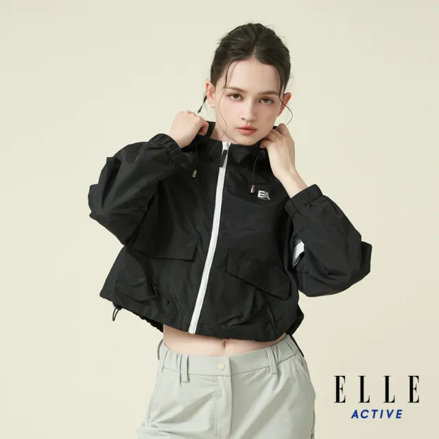 【ELLE ACTIVE】女款 配色剪接落肩短版連帽外套-黑色(EA24A2W6101-99)