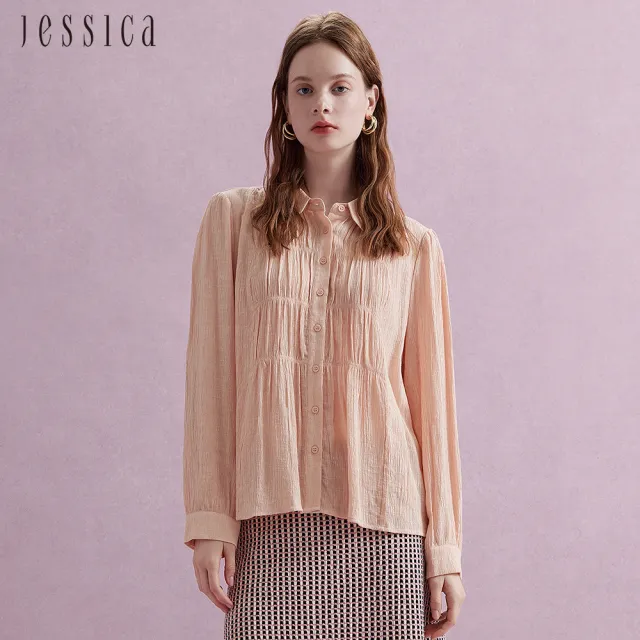 【JESSICA】氣質百搭多層次抓皺紋理長袖襯衫上衣（粉）J44300