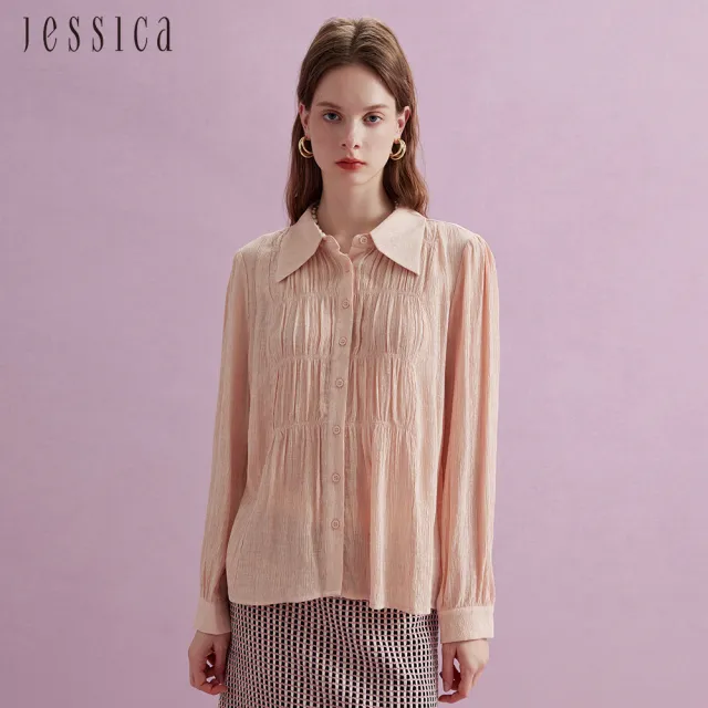 【JESSICA】氣質百搭多層次抓皺紋理長袖襯衫上衣(粉)J44300