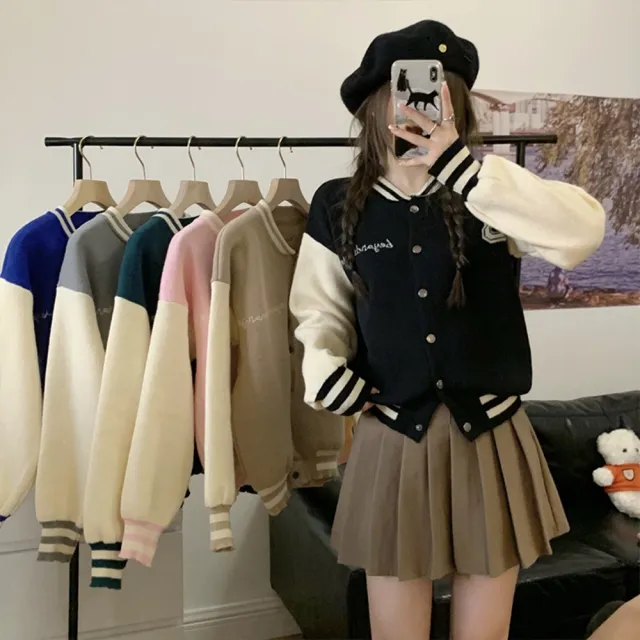 【D.studio】韓版寬鬆字母拼色休閒棒球外套(女裝 衣服 上衣 保暖外套 保暖上衣 長袖上衣 秋冬外套 J384)