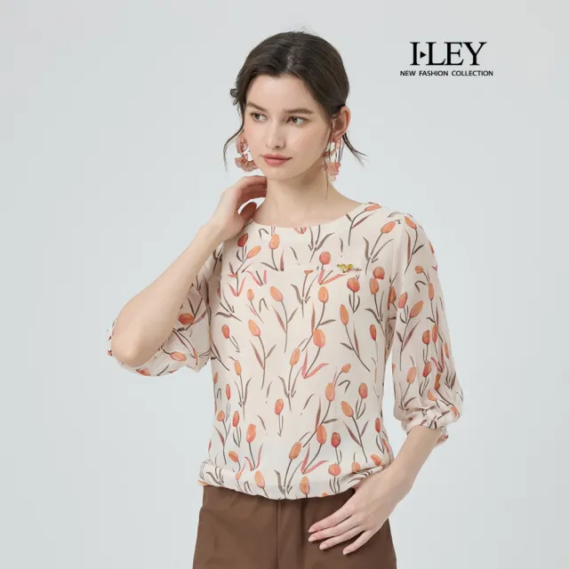 【ILEY 伊蕾】花卉印花雪紡上衣(杏；M-2L；1251181404)（其他規格）