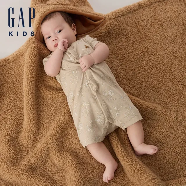 【GAP】嬰兒裝 純棉小熊刺繡印花圓領短袖包屁衣/連身衣-灰白色(716083)