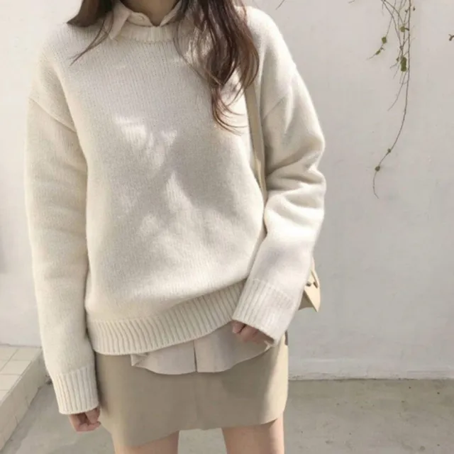 【D.studio】韓版寬鬆慵懶風圓領毛衣(針織上衣長袖上衣衣服長袖t恤保暖上衣女裝秋冬女裝發熱衣 W560)