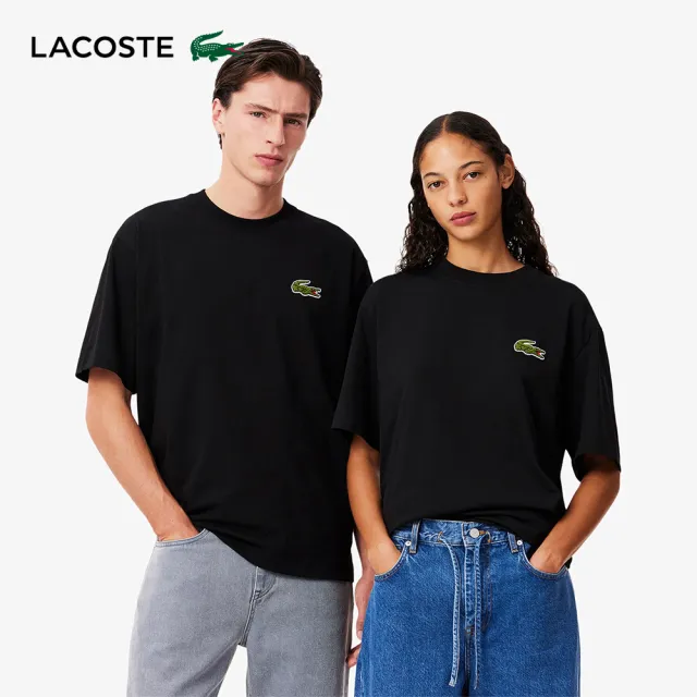 【LACOSTE】中性款-寬鬆棉質平紋針織短袖T恤(黑色)