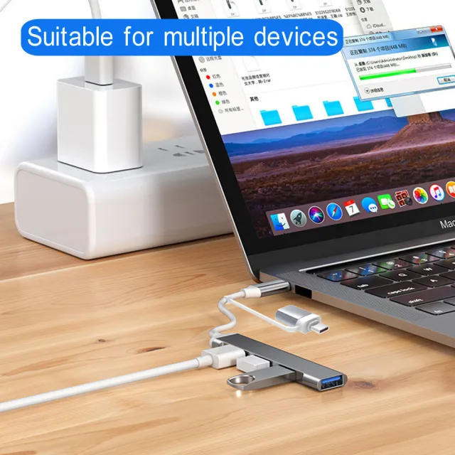 【Bill Case】高階Type C USB雙規4孔 USB3.0 2.0轉接HUB 灰(支持iPhone15 16全新系列)