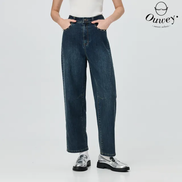 【OUWEY 歐薇】刷色錐形微垮深色牛仔褲(深藍；S-L；3252328635)