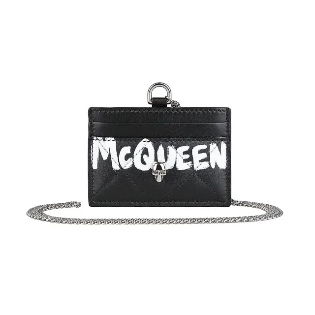 【ALEXANDER MCQUEEN】ALEXANDER McQUEEN 白字LOGO 3卡骷髏頭設計小牛皮掛繩卡片夾(黑x紅)