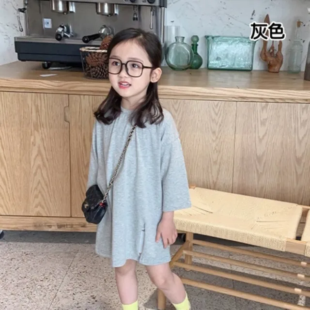 【橘魔法】女童糖果色開岔百搭七分袖上衣(長版上衣 素色上衣 上衣 女童 童裝)