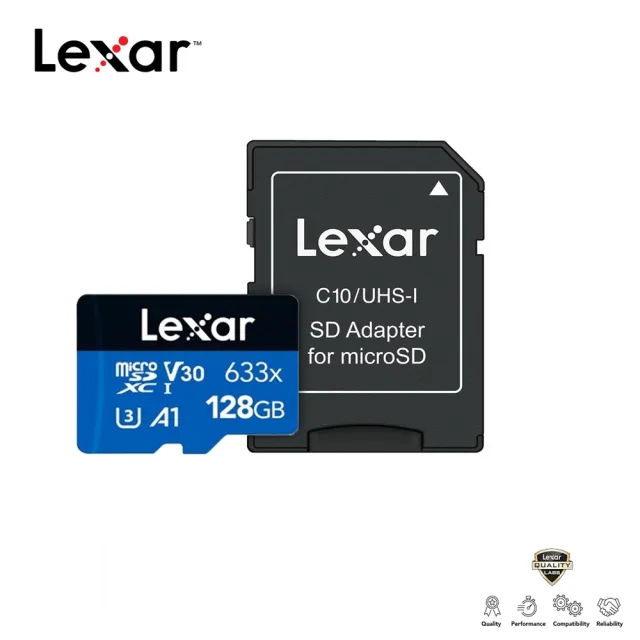 【Lexar 雷克沙】[全新版] 128GB 高速效能 633x microSDXC UHS-I A1 V30 記憶卡(附SD轉卡 10年有限保固)