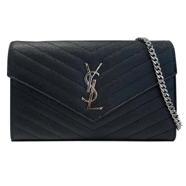 【YSL】V紋荔枝皮銀鏈 WOC斜背 大款(黑色)
