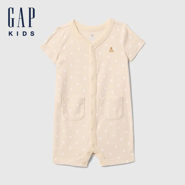 【GAP】嬰兒裝 純棉小熊刺繡印花圓領短袖包屁衣/連身衣-淺米色(716064)
