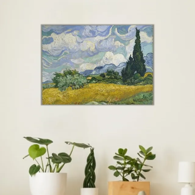 《麥田裡的絲柏樹》梵谷.後印象派 世界名畫 風景油畫-無框 60x80CM
