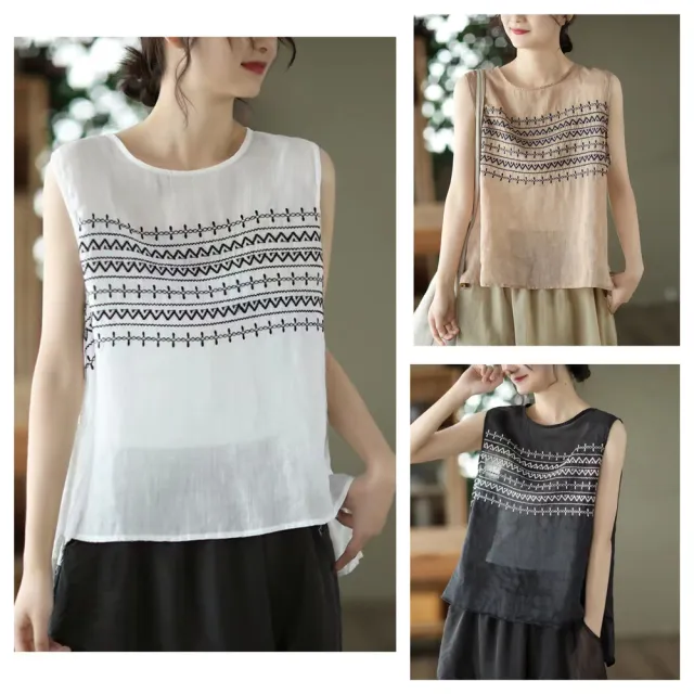 【AKARA】重工刺繡涼爽輕透棉麻無袖背心(春秋 2XL有 顯瘦身剪裁  中大尺碼)
