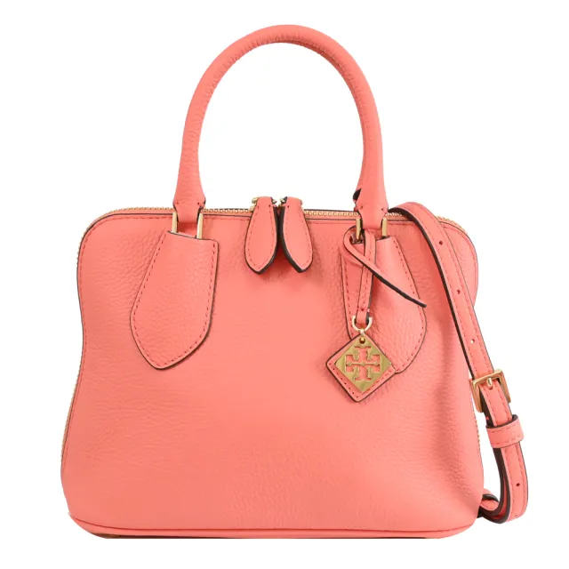【TORY BURCH】簡約經典雙T LOGO吊飾荔枝皮革雙拉鍊手提包兩用包(粉)